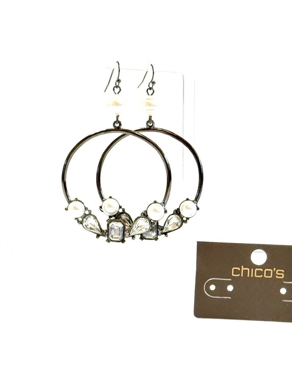 CHICO’S Pearl Crystal Hoop Earrings Large Gunmetal NWT